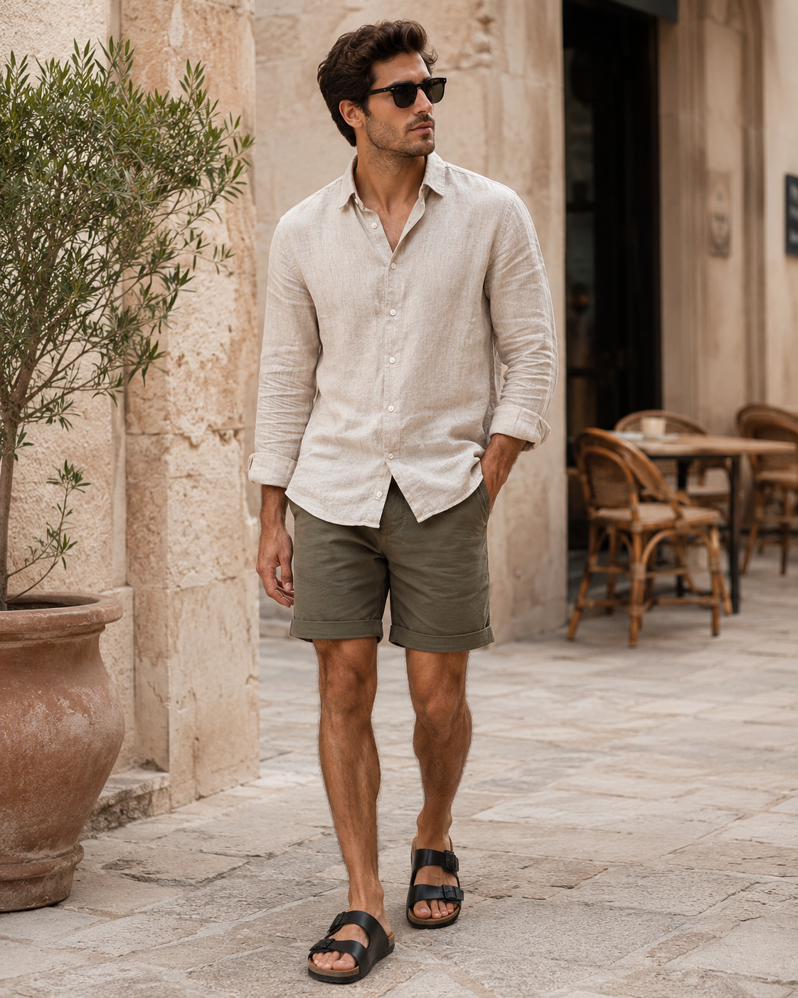 Cork Sole Double-Strap Leather Sandals